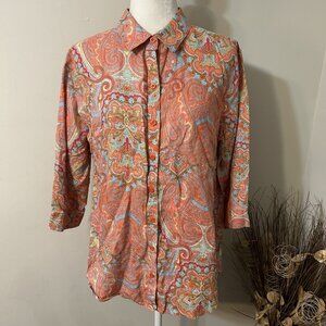Chico’s Womens Paisley 100% Linen No Iron Button Up 3/4 sleeve Shirt Sz 2 / L